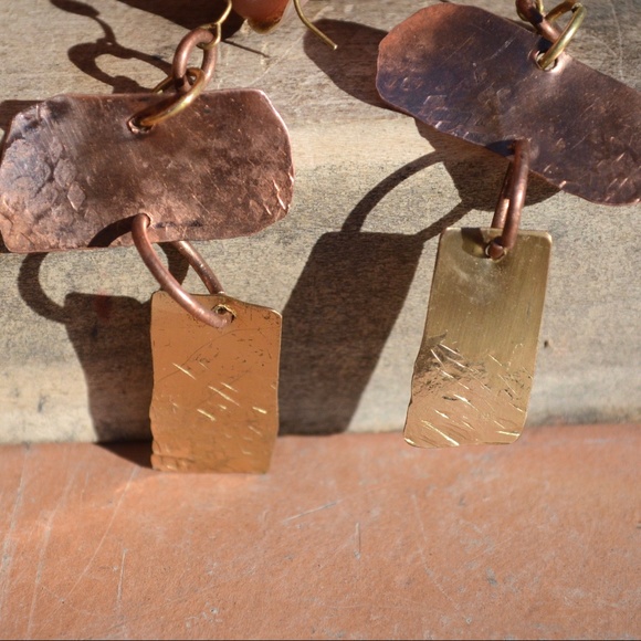 Brutalist Earrings Copper Brass Rustic Statement - Picture 7 of 8
